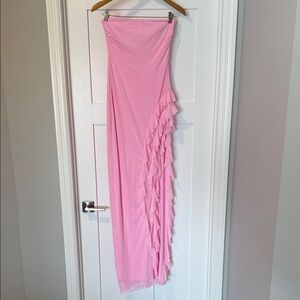 Mesh Strapless Triple Ruffle Maxi Dress in Pink